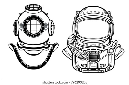 Human inventions: ancient diving helmet, astronaut's suit. Past and future. Depth science. Vector illustration isolated on a white background