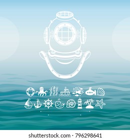 Human inventions: ancient diving helmet  Depth science  Set sea icons  Background    ocean waves  the sky  Vector illustration 