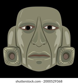 Human jade mask of Maya Indians from Guatemala. Native American art. Indigenous male portrait. Pre Columbian sculpture. On black background.