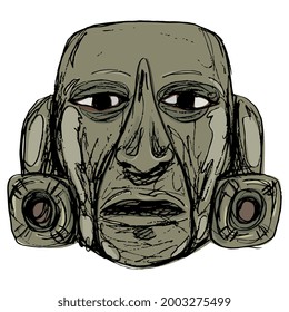 Human jade mask of Maya Indians from Guatemala. Native American art. Indigenous male portrait. Pre Columbian sculpture. Hand drawn colorful rough sketch. 