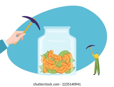 Human jar with money savings, vector illustration. Flat tiny man character hit huge glass bank with finance cash, business worker hold pickaxe.