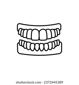 Anatomía de mandíbula humana con icono de la línea de dientes. Pictograma lineal de sonrisa saludable. Diente falso. Higiene Oral. Símbolo de contorno de escritura. Tratamiento dental. Stroke editable. Ilustración de vectores aislados.