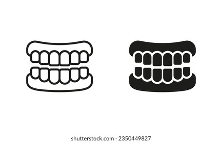 Human Jaw Anatomy with Teeth Silhouette and Line Icons Set. False Tooth, Teeth Prosthesis Pictogram. Healthy Smile, Oral Hygiene, Dentistry, Dental Treatment Sign. Isolated Vector Illustration.