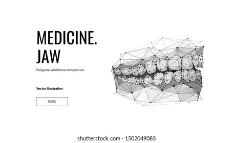 Human jaw low poly landing page template. 3d teeth polygonal illustration. Anatomy cranium bones study web banner. Stomatology clinic, orthodontic services website page design layout