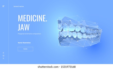 Human jaw low poly wireframe landing page template. 3d teeth mesh art illustration. Dentist, orthodontic services polygonal banner. Mouth cavity hygiene promotional website page design layout