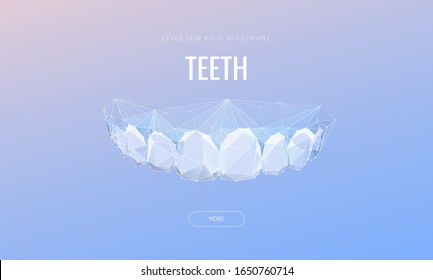 Human jaw low poly wireframe landing page template. 3d teeth mesh art illustration. Dentist, orthodontic services polygonal banner. Mouth cavity hygiene promotional website page design layout