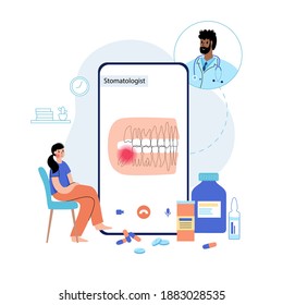 Human jaw and wisdom tooth problems. Stomatology, dental care concept. Tooth anatomy poster flat vector illustration. Oral hygiene banner. Medicine, pills, diagnosis and treatment for teeth disease.