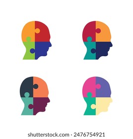 Human Jigsaw Head Puzzle Colorful Set. Thinking, psychology and intelligence concept. Generating ideas and being creative