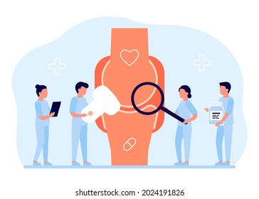 Human joint health care doctor checkup. Doctor orthopedist doing medical diagnostics and examination. Joint pain, arthritis and arthrosis, abrasion of cartilage, inflammation of joint capsule. Vector