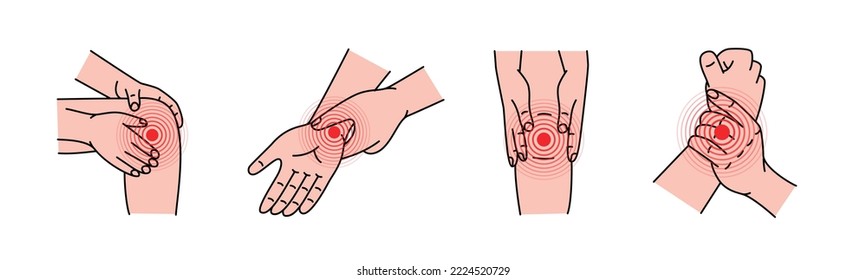 Human joints pain. Ache in knee and wrist. Pain in different part of human body. Health problems in muscle pain and joints problems.