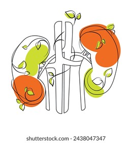 Riñón humano con elementos botánicos, hojas y raíces, dibujo de arte lineal. Ilustración de vector
