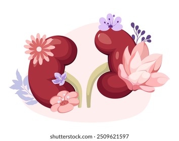 Human kidney health. An organ decorated with flowers. Vector illustration.