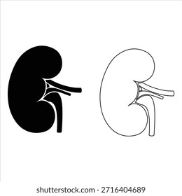 Icono de riñón humano. mostrando versiones de contorno y silueta sólida, aisladas sobre fondo blanco.  Vector de la silueta de los riñones humanos. 