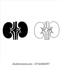 Icono de riñón humano. mostrando versiones de contorno y silueta sólida, aisladas sobre fondo blanco.  Vector de la silueta de los riñones humanos. 