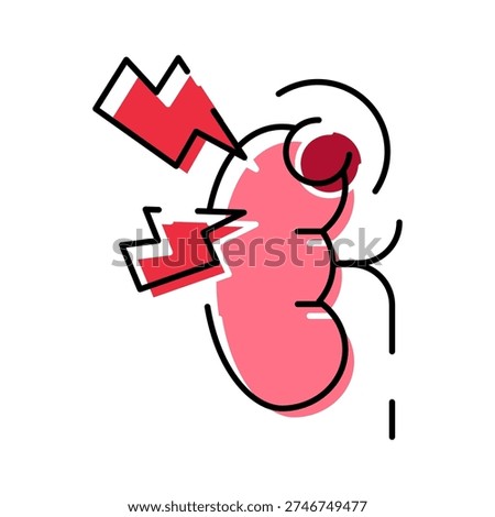Human kidney organ is experiencing acute pain or disease, represented by lightning bolt symbols, indicating illness, stone, or dysfunction impacting health