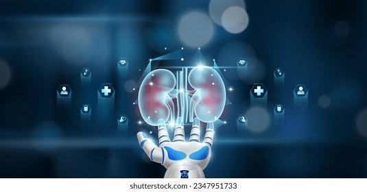 El órgano renal humano dentro del cubo flota en el robot médico mano en el fondo del hospital. Sistema de atención de la salud tecnología innovadora medicina futurista inteligencia artificial artificial inteligencia artificial inteligencia artificial robótica cibernética. Vector.