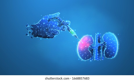 Human Kidney surgery. Syringe with a vaccine. Preventive medicine, health care, urology treatment. Low poly, wireframe 3d vector illustration. Abstract polygonal image on blue neon background