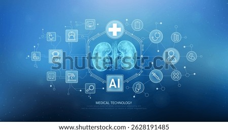 Human kidney translucent with medical network icons on blue background. Artificial intelligence (AI) in health care technology. Innovation in digital health smart medical diagnostics. Vector. 
