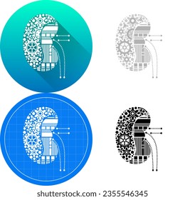 Human Kidney Urinary System Cybernetic Robotic Biomedical Engineering Circuit Board Icon Design, Set of Flat Long Shadow, Black-White Silhouette, Gear Dot Isolated on White Background