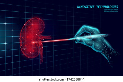 Human Kidneys Laser Surgery Operation Low Poly. Medicine Disease Drug Treatment Painful Area. Red Triangles Polygonal 3D Render Shape.  Vector Illustration