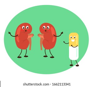 Human kidneys and pill on a green background. Vector illustration.