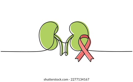 Human kidneys with ribbon one line colored continuous drawing. Cancer awareness ribbon, AIDS tape continuous one line colorful illustration.