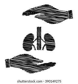 Human kidneys sign. Save or protect symbol by hands with scribble effect.