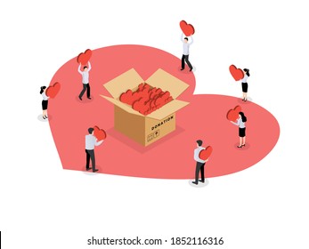 Human kindness flat isometric vector concept: Volunteers collecting hearts into a donation box on white background