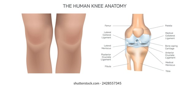 The human knee anatomy vector illustration. Common knee problems, Symptoms and causes of rheumatoid arthritis and osteoarthritis. Types of knee joint Injuries and Disorders. General condition and pain