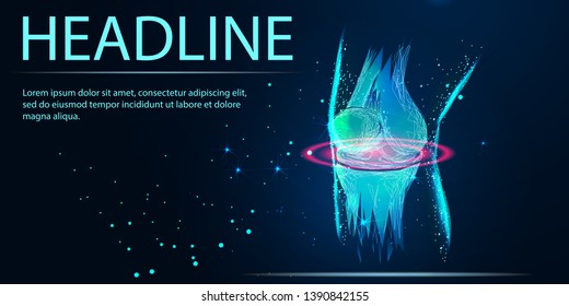 Human knee joint 3d model vector illustration. Low poly design future technology cure pain treatment. Blue background and red injury man body leg medicine template. Headline