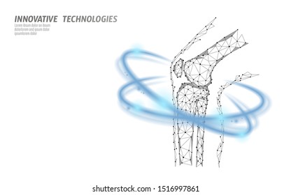 Human knee joint 3d model vector illustration. Low poly design future technology cure pain treatment. Blue background and red injury man body leg medicine template