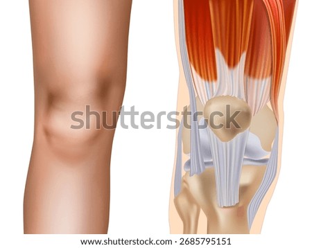 Human Knee Joint Anatomy with Muscles and Tendons Illustration. Medical Diagram of Knee Bones, Ligaments and Muscle Structure