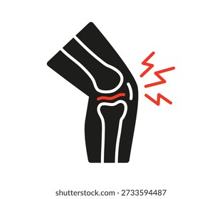 Human knee joint with pain meniscus icon. Arthritis or injury in orthopedic medicine and medical care concept. Red lightning symbol for discomfort. Vector illustration