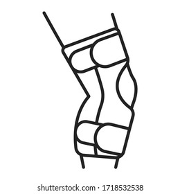 Human knee orthosis medical equipment line black icon. Orthopedic leg joint bandage. Isolated vector element. 