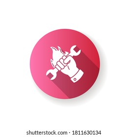 Human labor pink flat design long shadow glyph icon. Manufacturing industry, working class, labour. Professional maintenance service. Hand holding spanner silhouette RGB color illustration