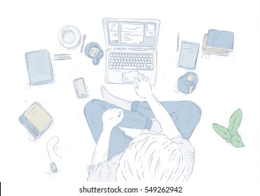 Human with laptop at home, sitting on the floor. Hand drawn contour illustration, young man top view on white background.
