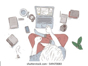 Human with laptop at home, sitting on the floor. Hand drawn contour illustration, young man top view on white background. 