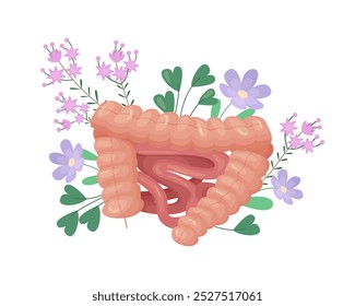 Human large and small intestines in summer flowers and herbs vector illustration