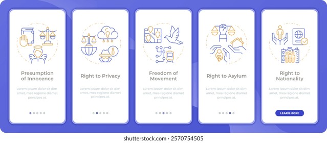 Human law rights app onboarding screens. Innocence, freedom. Duo tone vector illustration. UI design flow. 5 steps walkthrough mobile interface slide layout