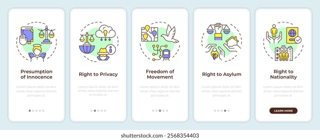 Human law rights onboarding mobile app screen. Walkthrough 5 steps editable graphic instructions with linear concepts. UI, UX, GUI template