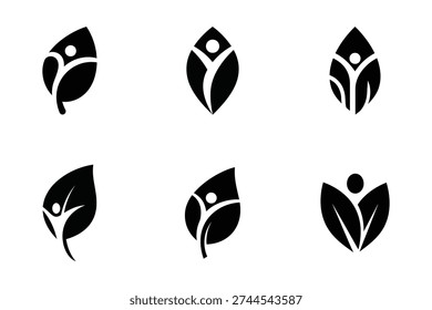 Human Leaf Logo Collection with Abstract Eco People Icons Vector Illustration.