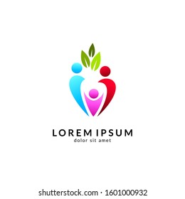 Human with leaf logo concept, medical clinic, healthy family logo, people health care and medicine vector illustration