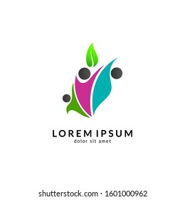 Human with leaf logo concept, medical clinic, healthy family logo, people health care and medicine vector illustration