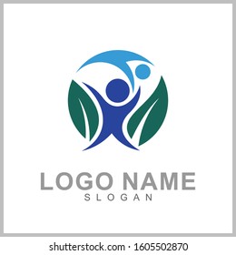Human with leaf logo concept, medical clinic, healthy family logo, people health care and medicine vector illustration