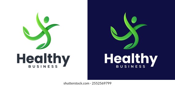 Human and Leaf Logo Design Concept. Vibrant Stylish People Icon Blended with Leaf Symbol Logo Inspiration. Eco-Friendly and Organic Identity for Wellness Healthy Branding. Vector Logo Illustration