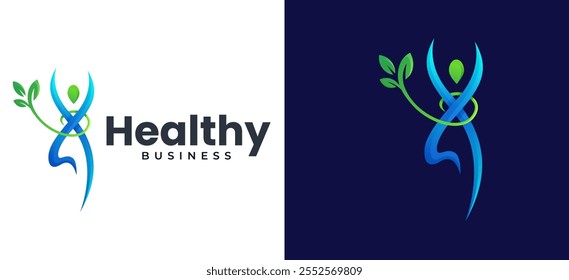 Human and Leaf Logo Design Concept. Vibrant Stylish People Icon Blended with Leaf Symbol Logo Inspiration. Eco-Friendly and Organic Identity for Wellness Healthy Branding. Vector Logo Illustration
