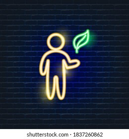 Mensch und Blattneonsymbol. Ökologie Vektor trendige Symbole. Umweltfreundliches Konzept. Lichtbildzeichen für Design.
