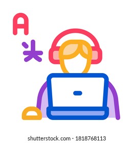 Human Learn Foreign Language Icon Thin Line Vector. Man With Laptop And Earphones Listen International Language Color Symbol Illustration