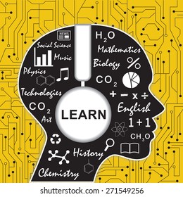 Human learn with a headphone concept in a digital background