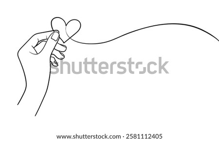 Human left arm holding heart line continuous drawn. Hand hold heart in line style. Vector illustration isolated on white